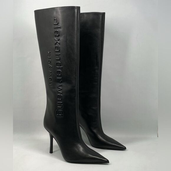 Alexander Wang Shoes - Alexander Wang Delphine brand-embossed leather heeled knee-high boots size 36.5